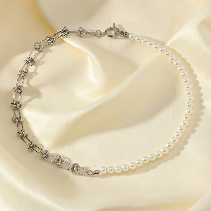 Conjunto Colar Assimétrico e Pulseira com Pérolas, Prata