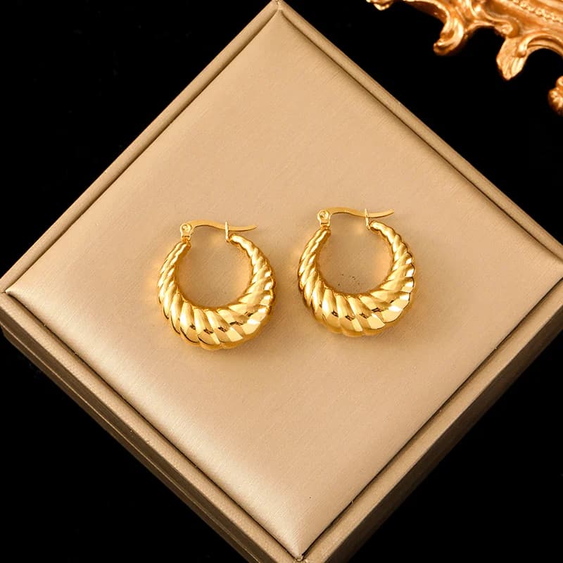 Brincos Aro com Superfície Plissada, Aço Inoxidável Dourado