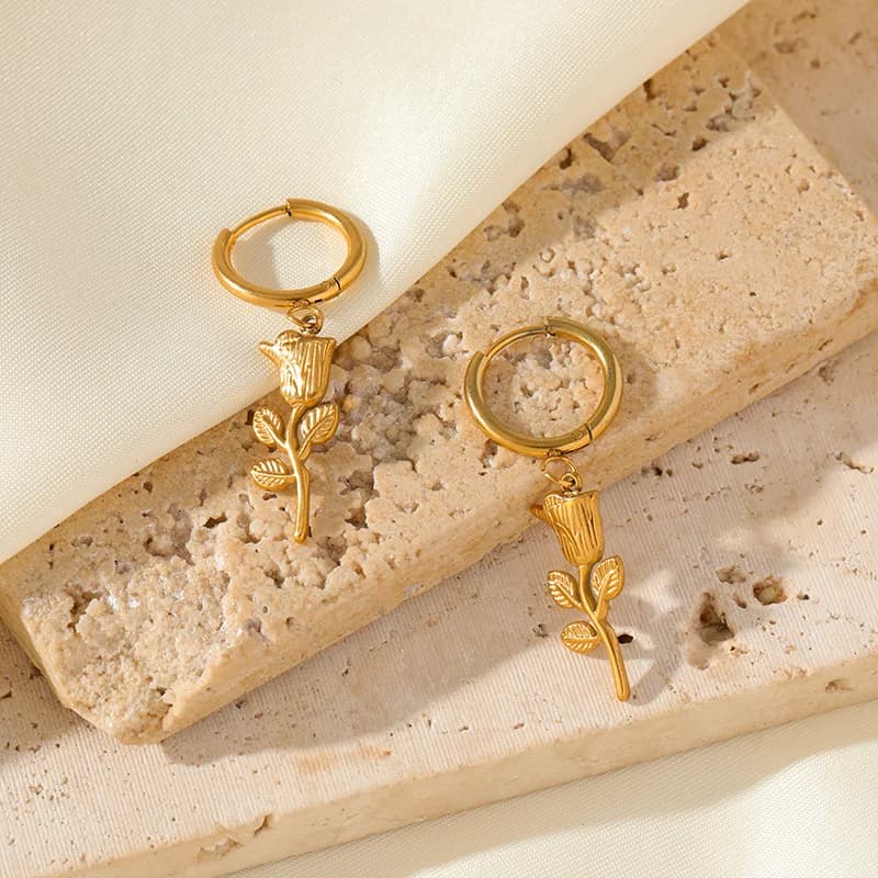 Brincos Pendentes com Flor de Rosa, Aço Inoxidável