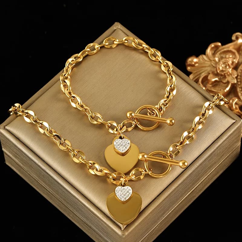 316L Stainless Steel Double Heart Necklace and Bracelet Set