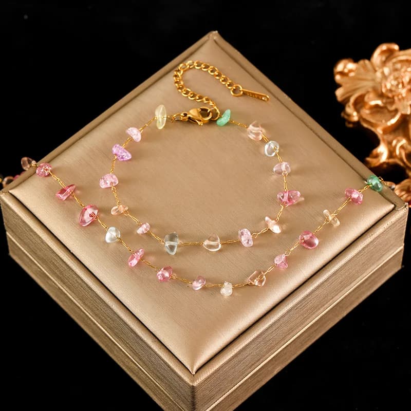 Conjunto de Colar e Pulseira com Pedras Acrílicas Coloridas