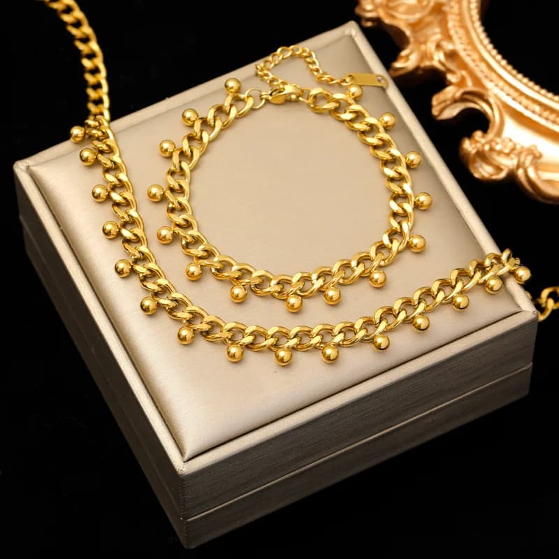 Conjunto de Choker e Pulseira de Corrente Grossa, Dourado