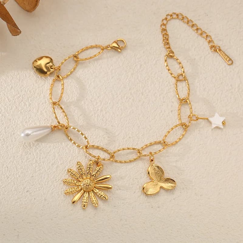 Pulseira Espiga com Pingentes de Flor e Pérola, Ouro 18K