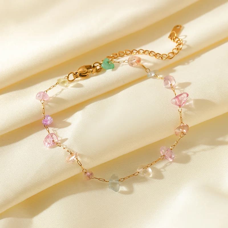 Pulseira de Aço Inoxidável com Pingentes de Pedras Coloridas Finas