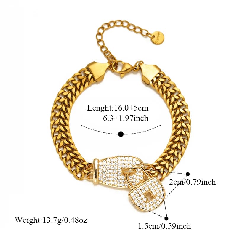 Pulseira em Aço Inoxidável com Charm de Cadeado e Strass