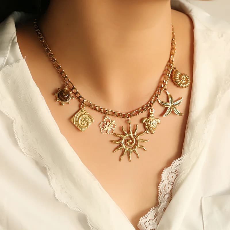 Stainless Steel Gold Turtle Flower Sun Pendant Necklace
