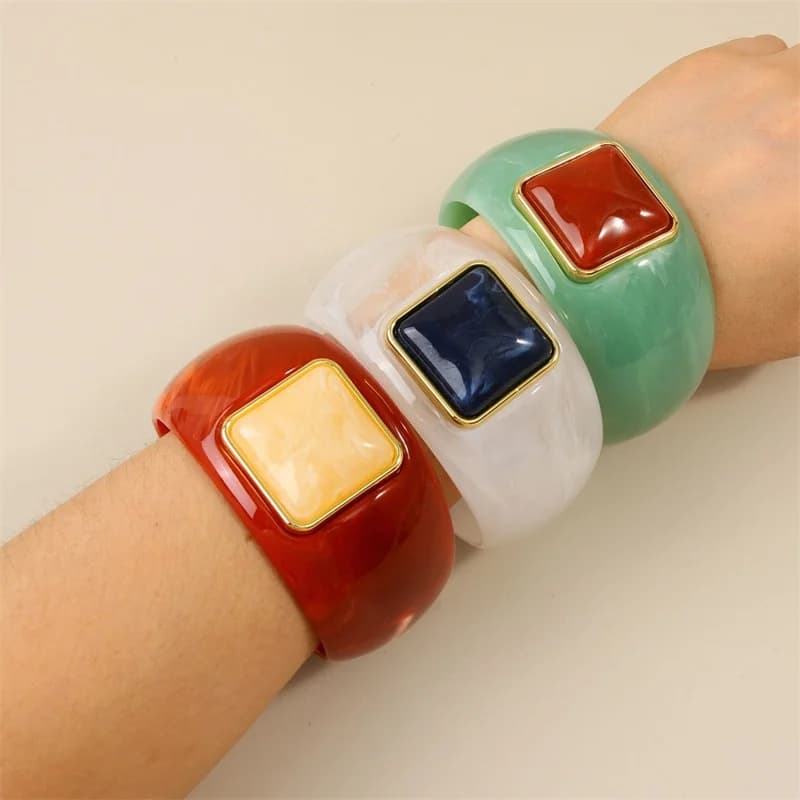 Pulseira Rígida Quadrada de Resina Acrílica Geométrica para Mulheres