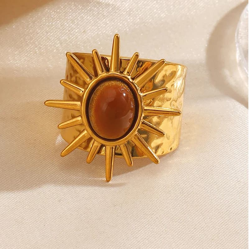 Anel Ajustável Vintage de Aço Inoxidável com Pedra Oval Sol