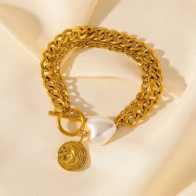 Pulseira Multicamadas Grossa de Corrente, Aço Inoxidável Dourado