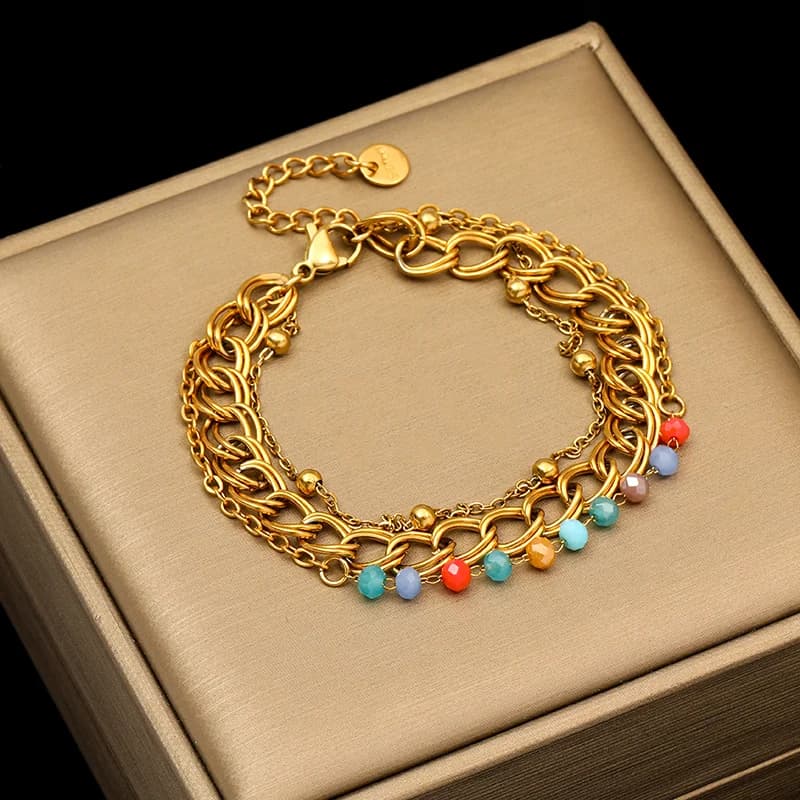 Pulseira Larga Multicamadas de Aço Inoxidável Dourado
