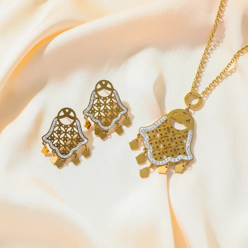 Conjunto de Colar e Brincos com Charms Olho e Mão Vintage