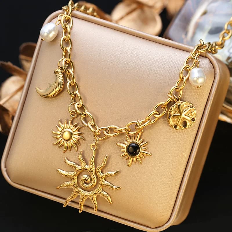 Sun Heart Flower Pendant Necklace, Gold Plated