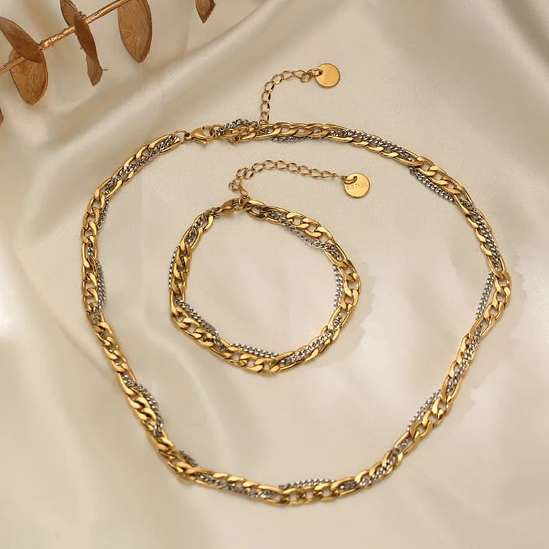 Conjunto Colar e Pulseira de Corrente Bicolor