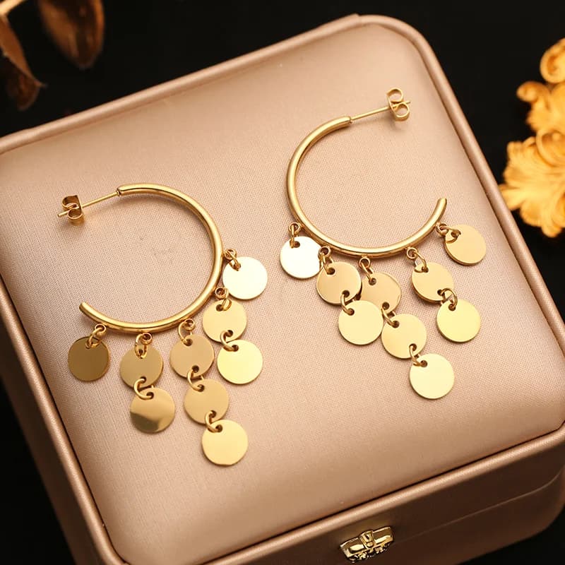 Brincos Pendentes Geométricos em Forma de C com Tassel, Banhado a Ouro 18K