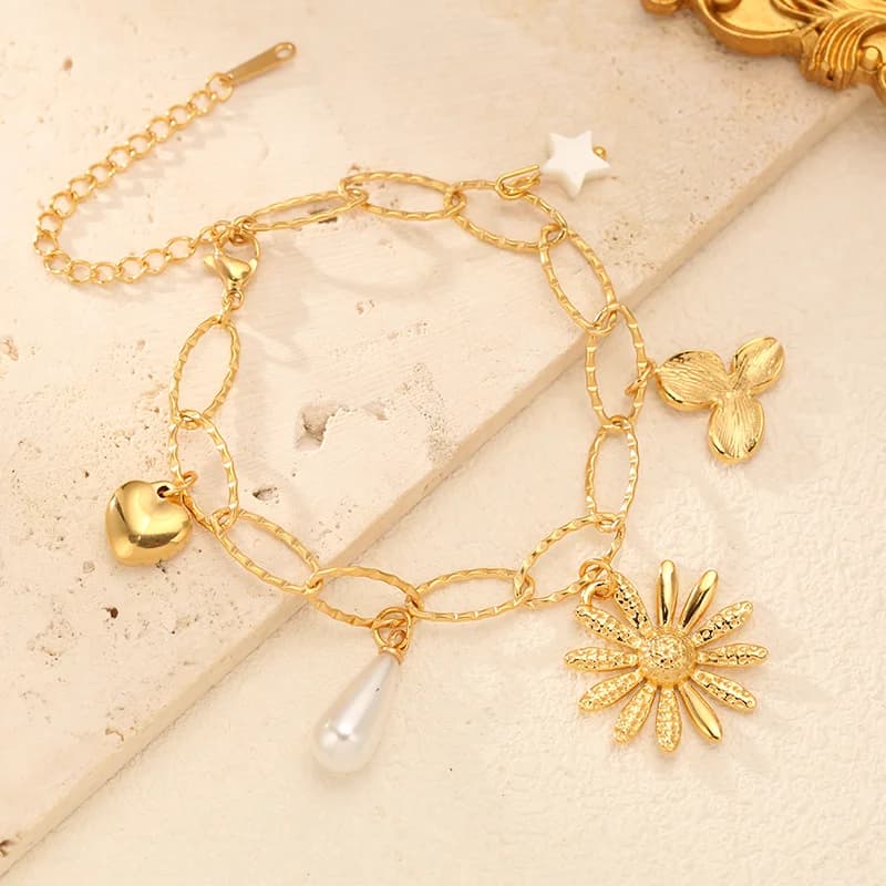 Pulseira Espiga com Pingentes de Flor e Pérola, Ouro 18K