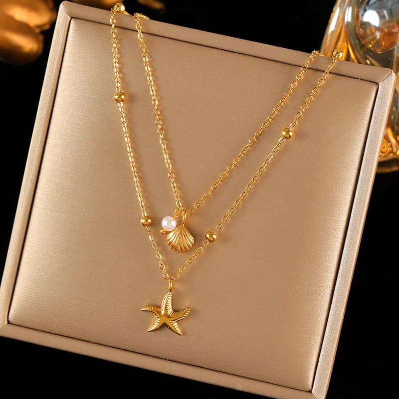 Conjunto de Colar e Brincos com Pingente de Estrela-do-Mar e Pérola