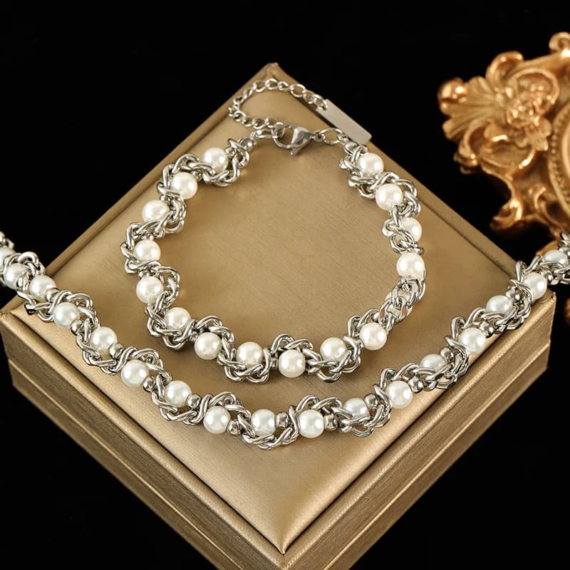 Silver Color Pearl Chain Necklace and Bracelet Set