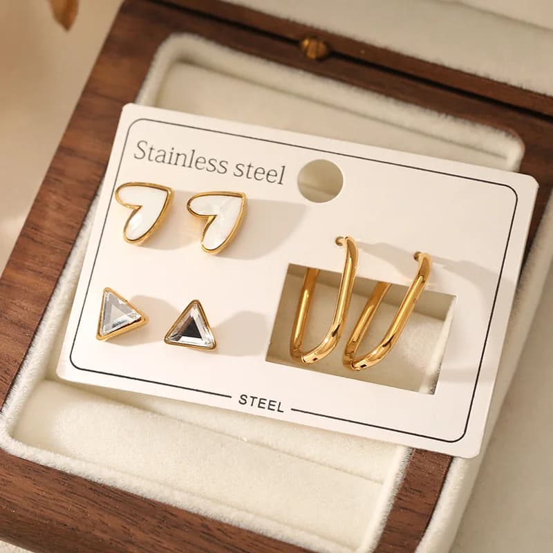3-Pair Triangular Heart Hoop and Stud Earring Set