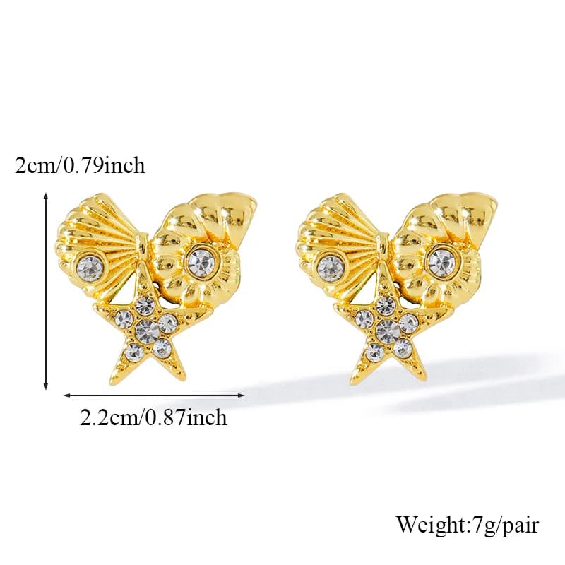 Stainless Steel Starfish Shell Zircon Stud Earrings